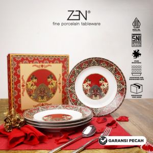 ZEN x Ghea Piring Makan Keramik New Wayang Maroon 4 pcs +Gift Box