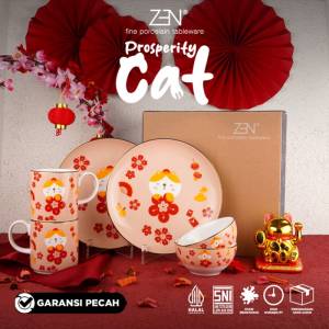 ZEN Dinner Set Piring Mug Mangkok Prosperity Cat isi 6 pcs + Box