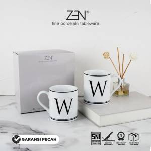 ZEN Mug Gelas Keramik Alphabet Huruf White 390 ml isi 2 pcs + Box