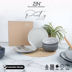 ZEN Dinner Set Piring Mangkuk Keramik Purity Dark Grey isi 4 pcs + Box
