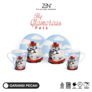 ZEN Dinner Set Piring Mug Keramik My Glamorous Pet Country Kitten British 2 Piring 2 Mug + Box