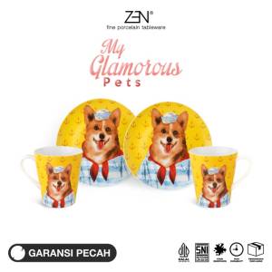 ZEN Dinner Set Piring Mug Keramik My Glamorous Pet Nautical Corgi 2 Piring 2 Mug + Box
