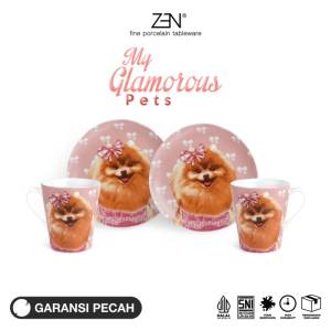 ZEN Dinner Set Piring Mug Keramik My Glamorous Pet Grooming Pomeranian 2 Piring 2 Mug + Box