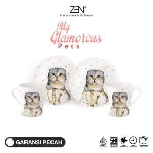 ZEN Dinner Set Piring Mug Keramik My Glamorous Pet Edgy Scottish Fold 2 Piring 2 Mug + Box