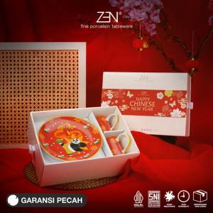 ZEN Hampers CNY Imlek Piring Salad Mug Keramik Kungfu Panda Red isi 4 pcs + Box