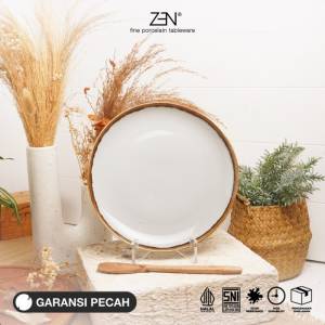 ZEN Piring Salad Keramik/ Piring Saji Two Tone White Green Rustic Brown 22 cm