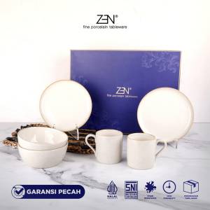 ZEN Wedding Gift Dinner Set Piring Mangkuk Mug Stoneware Cream isi 6 pcs + Box
