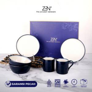 ZEN Wedding Gift Dinner Set Piring Mangkuk Mug Stoneware Cobalt isi 6 pcs + Box