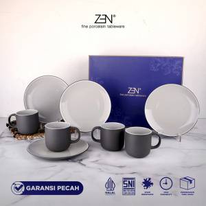 ZEN Wedding Gift Dinner Set Piring Mug Purity Dark Grey isi 8 pcs + Box