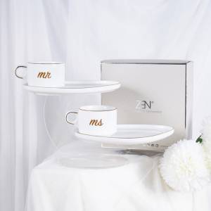 ZEN Cup Saucer Couple MR & MS White Lingold Cangkir + Tatakan Kue Snack Kado Pernikahan Wedding Gift + Box