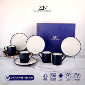ZEN Wedding Gift Dinner Set Piring Mug Stoneware Cobalt isi 8 pcs + Box