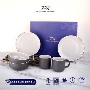 ZEN Wedding Gift Dinner Set Piring Mangkuk Mug Purity Dark Grey isi 6 pcs + Box
