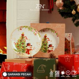 ZEN Salad Plate Stoneware Christmas Vintage Snowman 2 pcs + Box