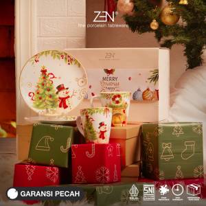 ZEN Hampers Dinner Set Piring Mug Keramik Christmas Vintage Snowman isi 4 pcs + Box