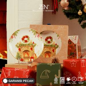ZEN Salad Plate Stoneware Christmas Vintage Fireplace 2 pcs + Box