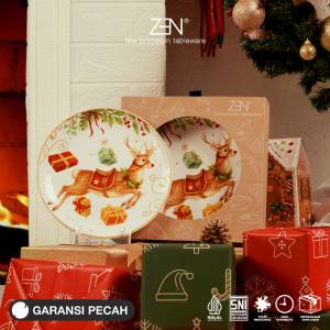 ZEN Salad Plate Stoneware Christmas Vintage Rudolph Deer 2 pcs + Box