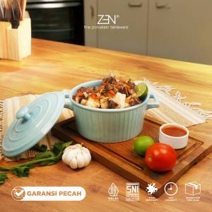 ZEN Casserole Keramik Mangkok Saji dengan Tutup warna Blue Aqua