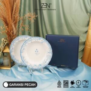 ZEN Piring Sup Keramik Soup Plate Botanical Blue Premium isi 2 pcs + Box