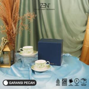 ZEN Cup Saucer Tea Cup Cangkir Keramik Botanical Green Premium isi 2 pairs + Box