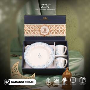 ZEN Hampers Lebaran Piring Makan / Soup Plate Mug Gelas Keramik Premium Botanical Blue isi 4 pcs + Box