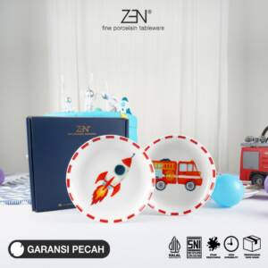 ZEN Piring Kecil Keramik Anak Kids Collection Piring Hadiah Anak Kado Ulang Tahun Motif Transportasi Lucu - 2 PCS + BOX