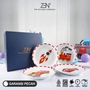 ZEN Piring Gift Set Piring Makan Anak Keramik Premium Hadiah Kado Ultah Anak Souvenir Ulang Tahun Kids Collection Motif Transportasi Lucu Isi 4 Pcs + Box