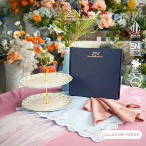 ZEN Cake Stand 2 Susun Porcelain Two Tier Romantic Garden - Piring Saji Kue Bertingkat Motif Bunga Salad Plate Premium + Box