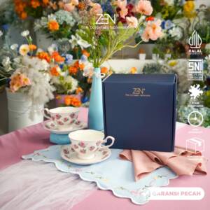 ZEN Set Cangkir Kopi Teh & Saucer Keramik Estetik Tea Cup Romantic Garden Premium Isi 2 Pairs + Box