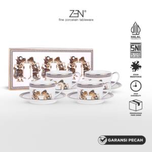 ZEN X Ghea Ramayana Wayang Kulit Cup Saucer Tatakan Cangkir Keramik Set isi 4 Pairs + Box