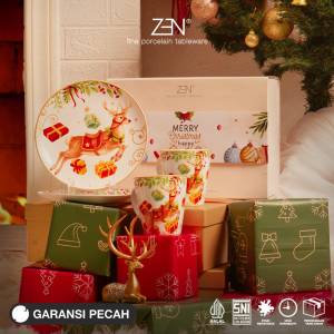 ZEN Hampers Dinner Set Piring Mug Keramik Christmas Vintage Rudolph Deer isi 4 pcs + Box