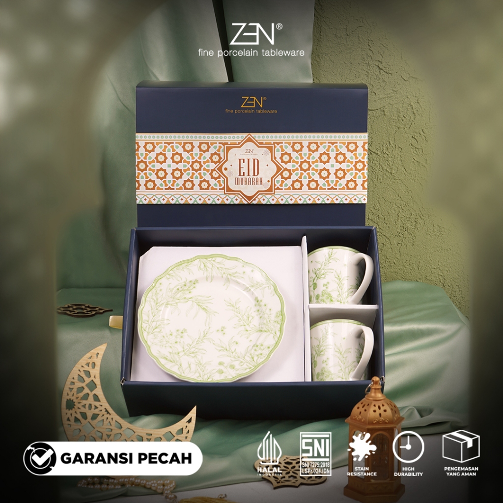 ZEN Hampers Lebaran Piring Mug Keramik Premium Botanical Green isi 4 pcs + Box